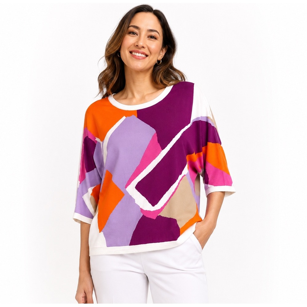 Joseph Ribkoff Abstract Geometric Knit Top Vanilla Multi 252927 XL NWT